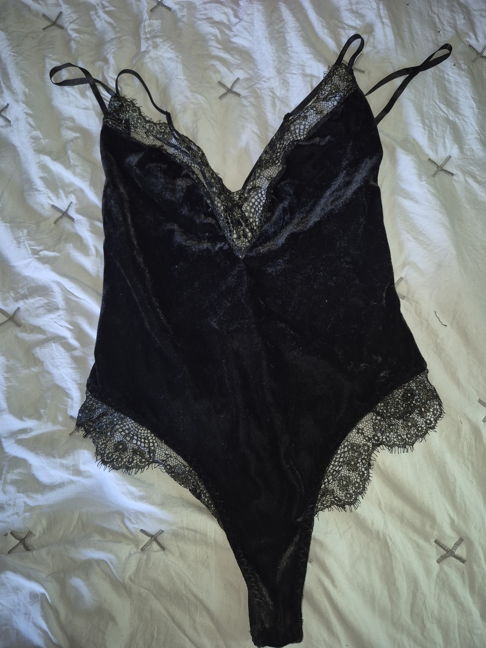 Dreamgirl Black Velvet Bodysuit with Lace Trim